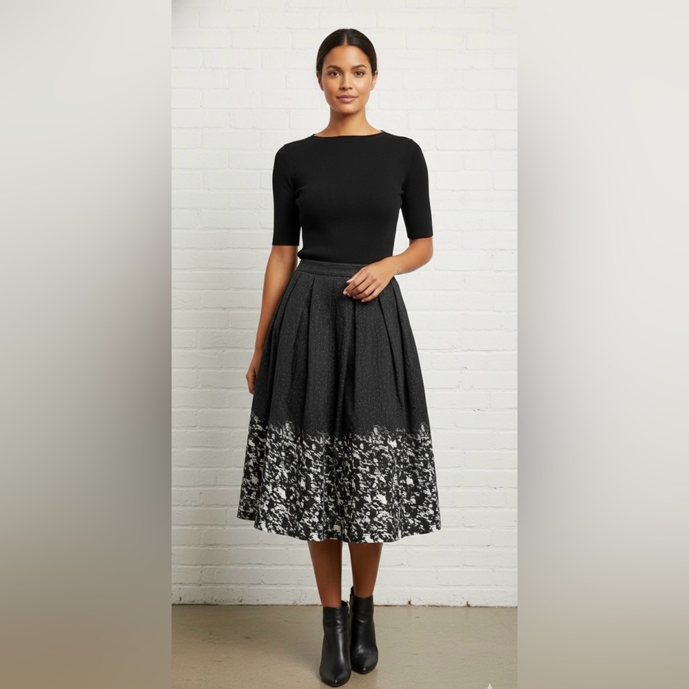 Catherines Maldandrino Black and White Speckled Abstract Fit Flare Midi‎ Skirt